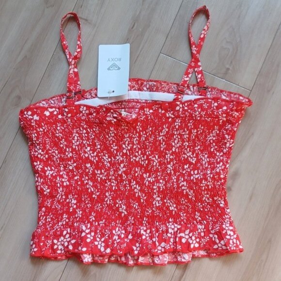 Roxy Secret Sister Crop Top Smocked Floral Red White 90s XS NWT - Picture 3 of 14